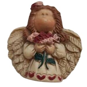 VINTAGE Russ Painted Wooden Angel Holding Flowers Brooch Pin